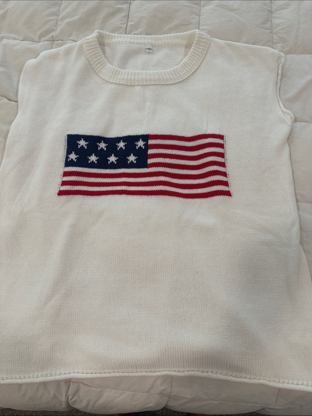 White Knit Tank Top with Flag Graphic